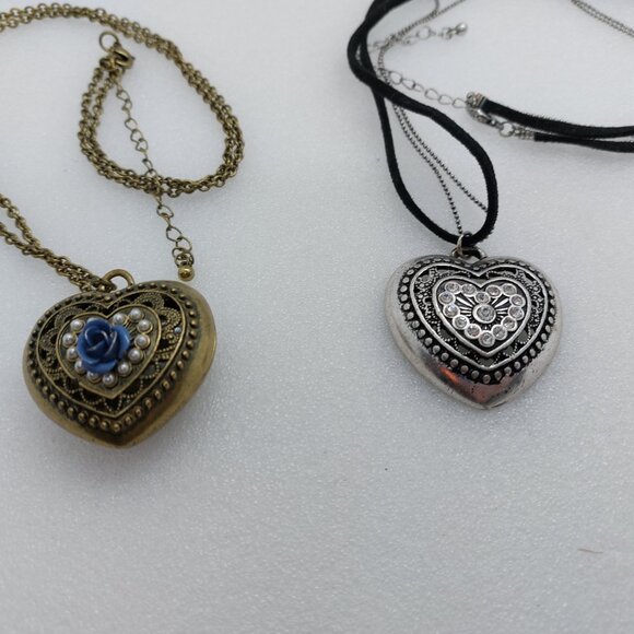 2 Heart Necklace Bronze or Brass Tone Blue Flower & Silver Tone Clear Stones - Picture 5 of 11